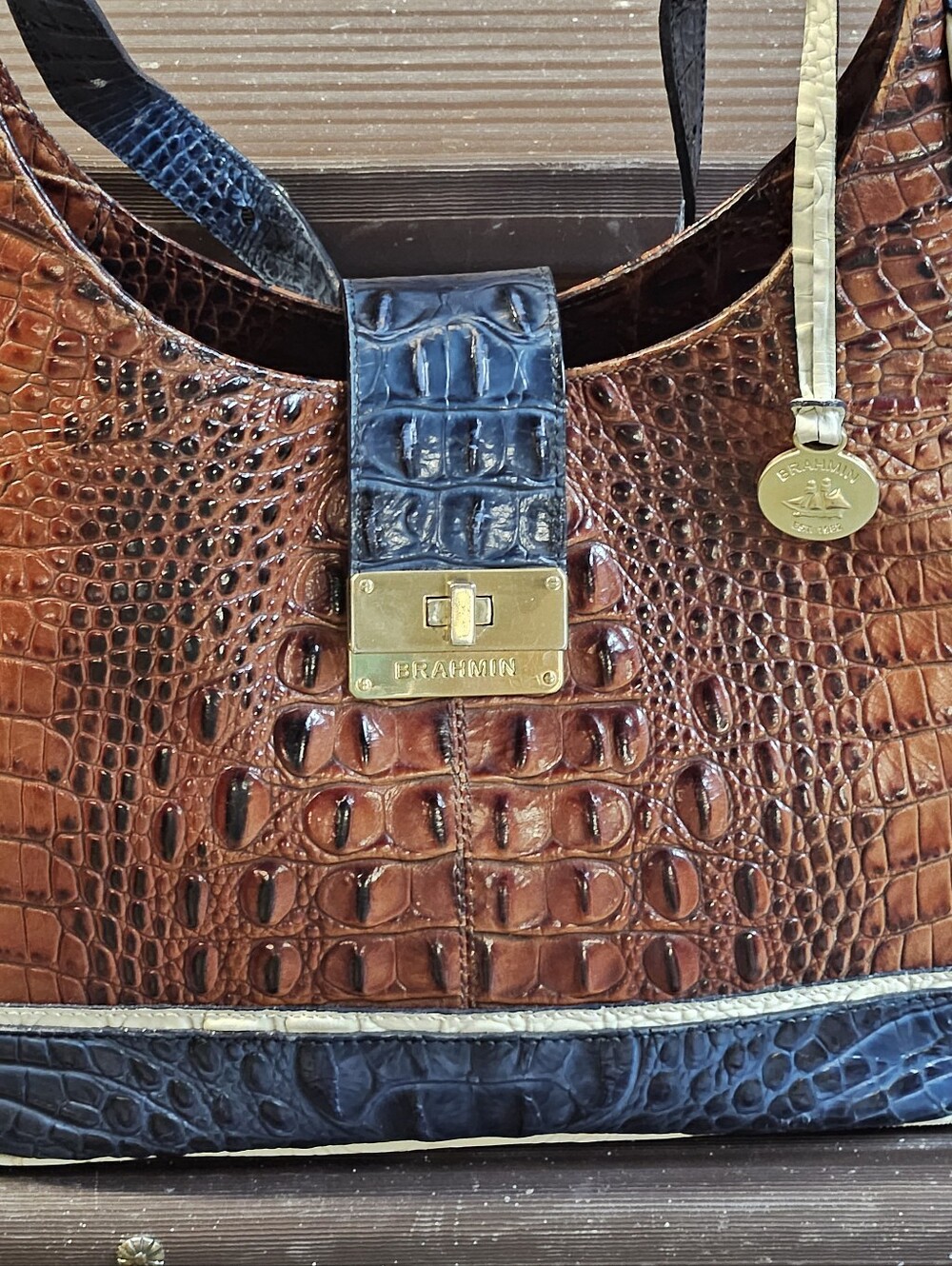 Brahmin Brown and Navy Croc-Embossed Leather Tote with Gold Hardware